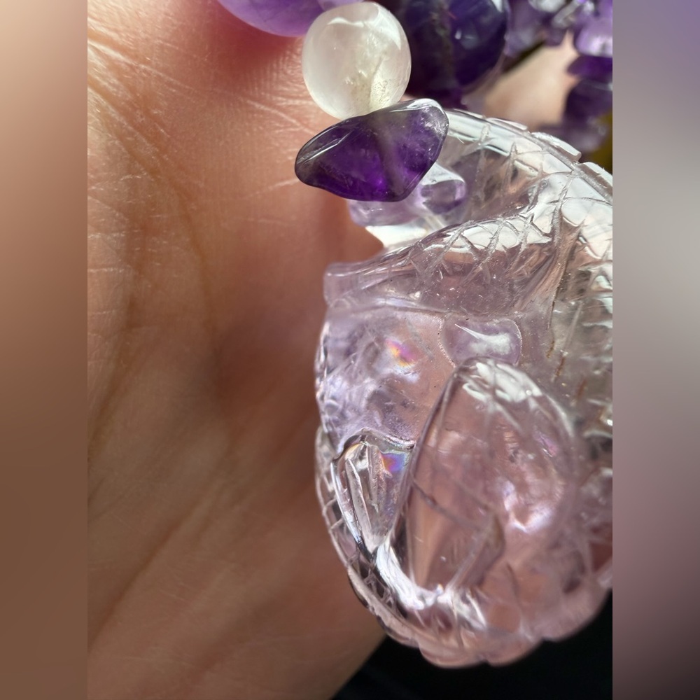 Carved amethyst lizard pendant with amethyst rock crystal necklace